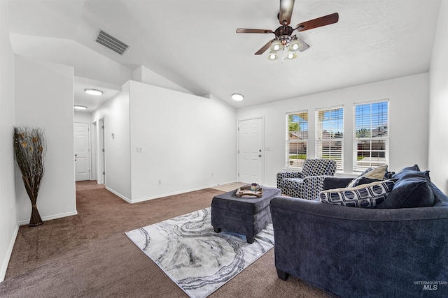 7842 Arlington Dr, Nampa, ID 83687 - living room featuring vaulted ceiling, carpet, ceiling fan, and baseboards