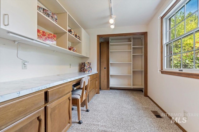 3428 N Columbine Ave, Boise, ID 83713 - home office featuring built in desk, light colored carpet, track lighting, and plenty of natural light
