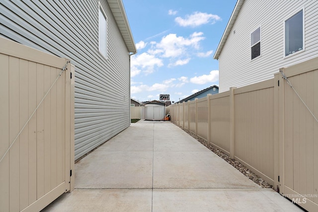 exterior space with a shed