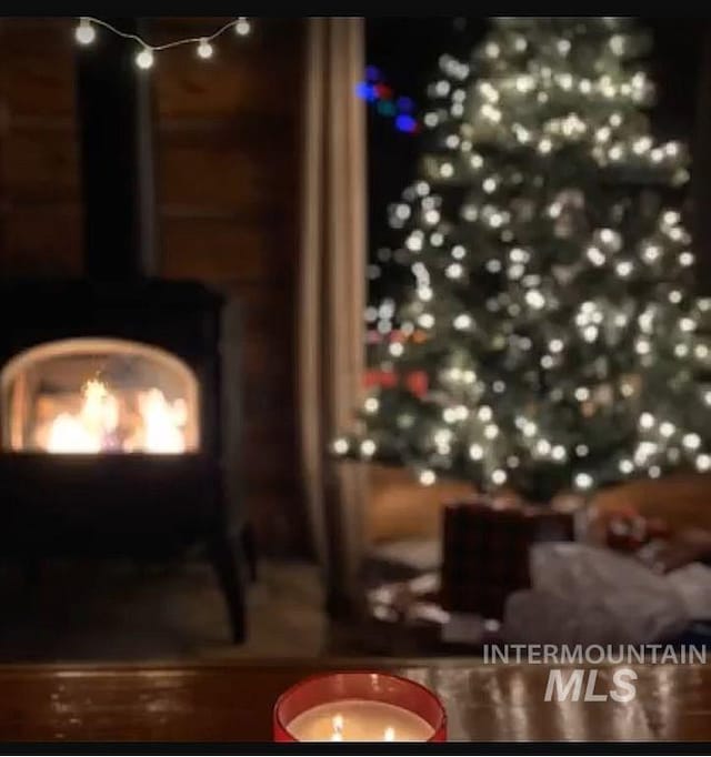 interior details featuring a wood stove