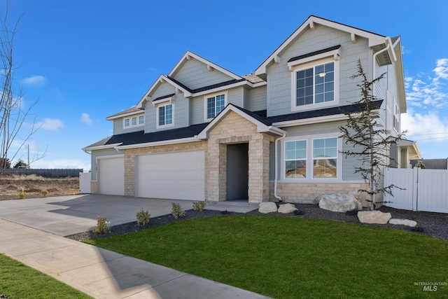 craftsman-style house with a front lawn, stone siding, fence, concrete driveway, and an attached garage