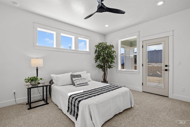 5687 S Snowden Ave, Meridian, ID 83642 - carpeted bedroom with recessed lighting, baseboards, access to exterior, and a ceiling fan