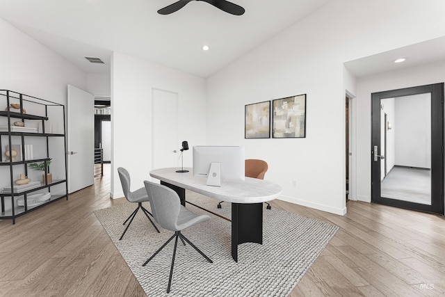 4135 N Hawkeye Pl, Boise, ID 83703 - office with light wood-style flooring, a ceiling fan, recessed lighting, baseboards, and vaulted ceiling