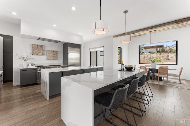 4135 N Hawkeye Pl, Boise, ID 83703 - kitchen featuring a large island, hardwood / wood-style flooring, recessed lighting, a sink, and high end stainless steel range oven