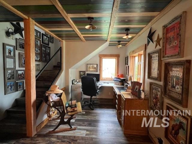 office featuring dark hardwood / wood-style floors, wood ceiling, and beam ceiling