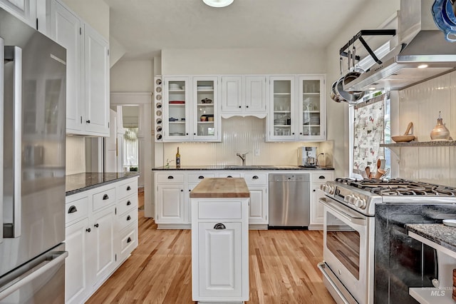 1707 W Resseguie St, Boise, ID 83702 - kitchen with stainless steel appliances, light wood finished floors, decorative backsplash, butcher block countertops, and white cabinetry