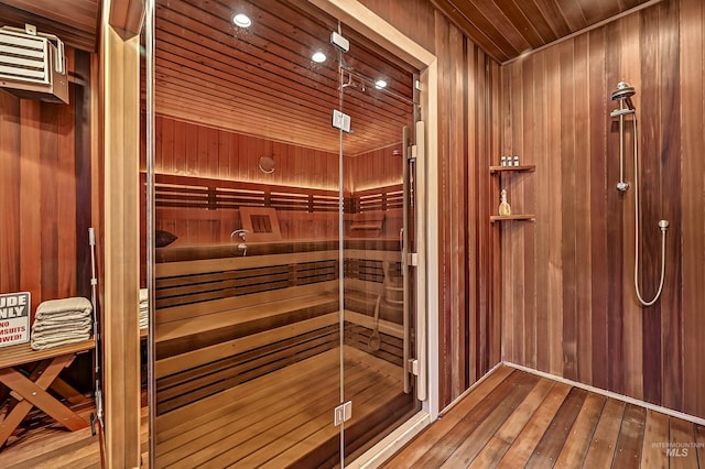 1707 W Resseguie St, Boise, ID 83702 - sauna with hardwood / wood-style flooring, wooden walls, recessed lighting, and wood ceiling