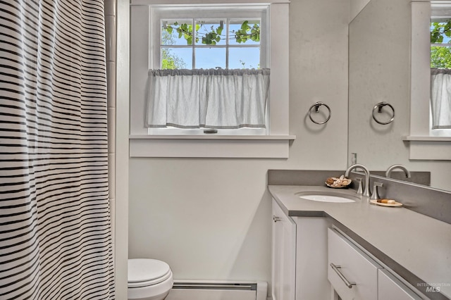 1707 W Resseguie St, Boise, ID 83702 - full bath with a baseboard radiator, vanity, plenty of natural light, and a shower with shower curtain