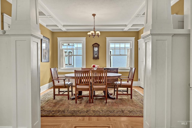 1707 W Resseguie St, Boise, ID 83702 - dining room with coffered ceiling, plenty of natural light, a chandelier, and beamed ceiling