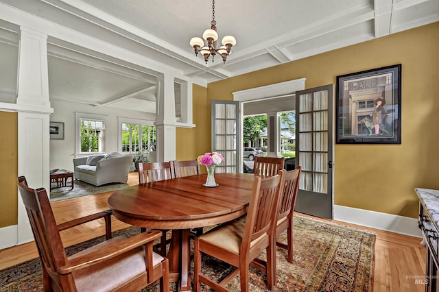 1707 W Resseguie St, Boise, ID 83702 - dining space featuring coffered ceiling, decorative columns, a chandelier, beam ceiling, and wood finished floors