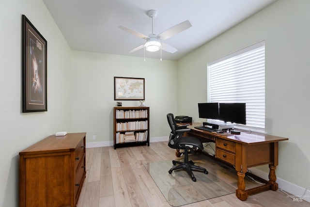 office space featuring ceiling fan and light wood-type flooring