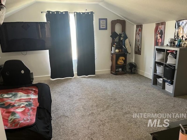 carpeted bedroom featuring vaulted ceiling