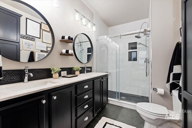476 E Thurman Mill St, Garden City, ID 83714 - bathroom featuring a sink, toilet, double vanity, decorative backsplash, and a stall shower