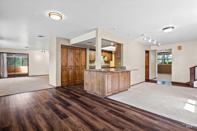 773 Monroe St, Twin Falls, ID 83301 - kitchen featuring baseboards, dark wood-style flooring, open floor plan, and dark stone counters