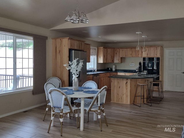 kitchen featuring stainless steel appliances, vaulted ceiling, hanging light fixtures, and light wood-type flooring