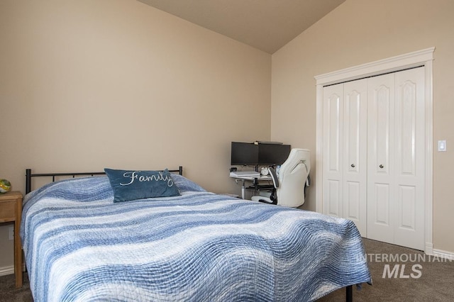 15697 Cupid Dr, Caldwell, ID 83607 - bedroom featuring dark colored carpet, lofted ceiling, and a closet