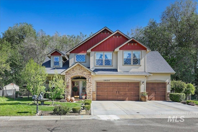 1404 Sandal Crk, Nampa, ID 83686 - craftsman-style home with stone siding, driveway, an attached garage, and board and batten siding