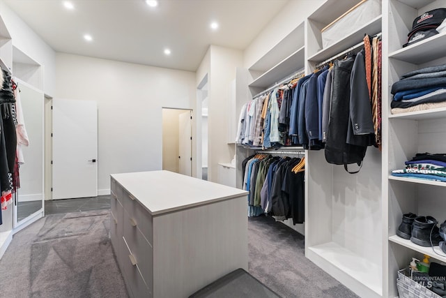 spacious closet with dark colored carpet