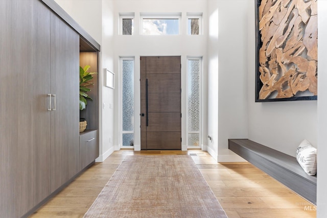 entryway with light hardwood / wood-style floors and a high ceiling