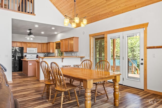 10389 Gamann Dr, Cascade, ID 83611 - dining area with high vaulted ceiling, wood finished floors, and wood ceiling