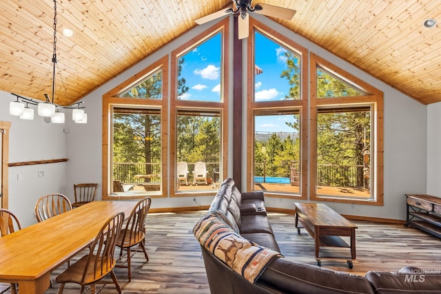 10389 Gamann Dr, Cascade, ID 83611 - living room with vaulted ceiling, plenty of natural light, ceiling fan, wood finished floors, and wood ceiling