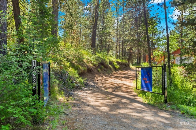 10389 Gamann Dr, Cascade, ID 83611 - view of property's community with a gate, dirt driveway, and a view of trees
