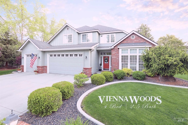 traditional-style home with brick siding, a front lawn, driveway, and board and batten siding