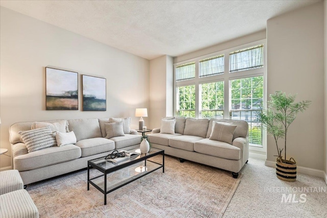 carpeted living room featuring baseboards and a textured ceiling