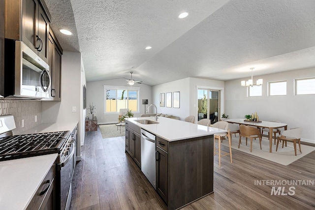 kitchen with lofted ceiling, a kitchen island with sink, sink, dark hardwood / wood-style floors, and appliances with stainless steel finishes