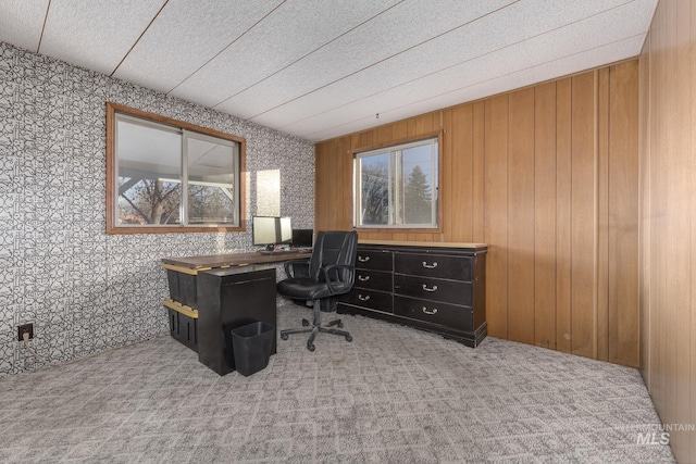 carpeted office space featuring wooden walls