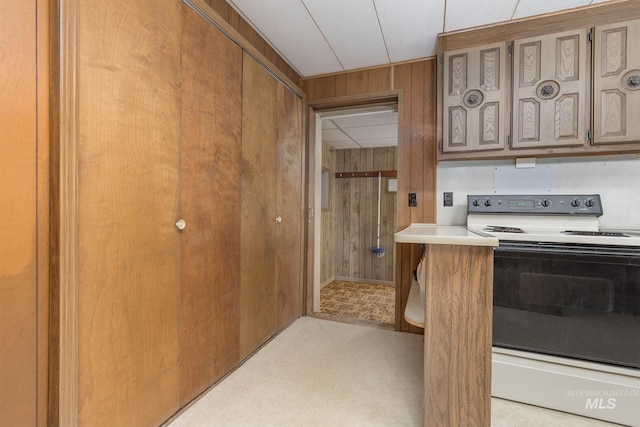 kitchen with wood walls and white range with electric stovetop