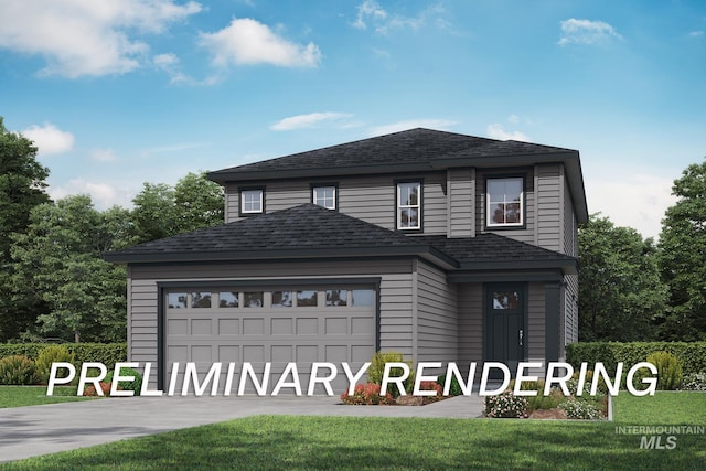 view of front of property with a garage and a front lawn