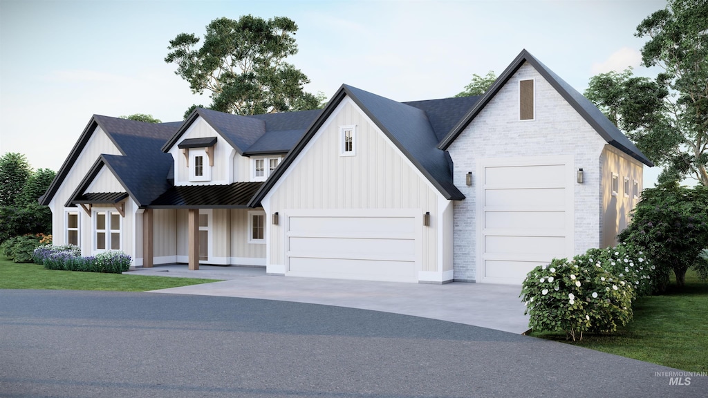 view of front of property with a standing seam roof, brick siding, board and batten siding, and metal roof