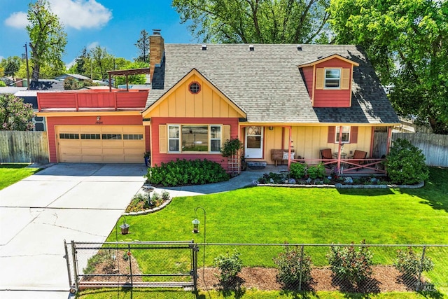 view of front of home with board and batten siding, a garage, driveway, and a chimney