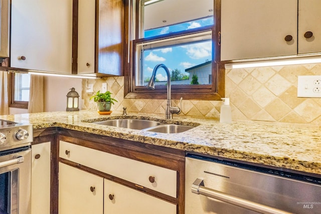 kitchen with a sink, stainless steel appliances, white cabinets, and decorative backsplash