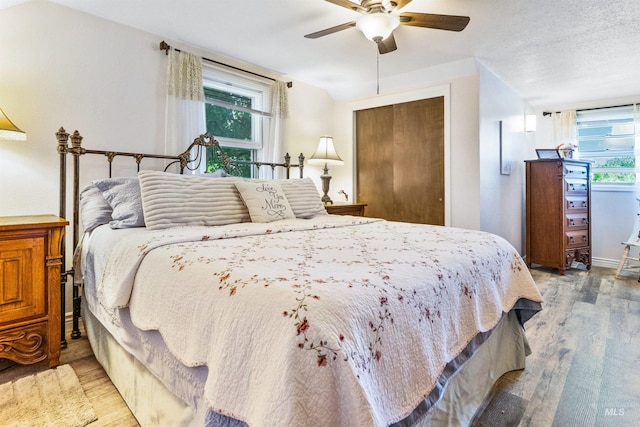 bedroom with wood finished floors, multiple windows, a ceiling fan, and a closet