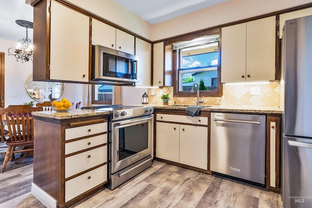kitchen with appliances with stainless steel finishes, a sink, light wood finished floors, and decorative backsplash