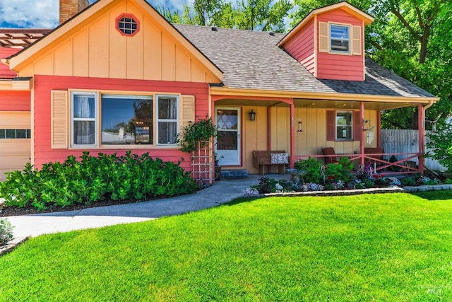 view of front of house featuring board and batten siding, roof with shingles, a front yard, and a chimney