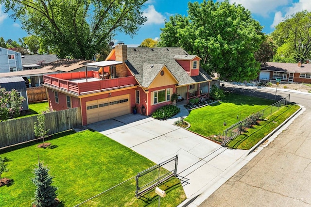 view of front of house with concrete driveway, a chimney, and a shingled roof