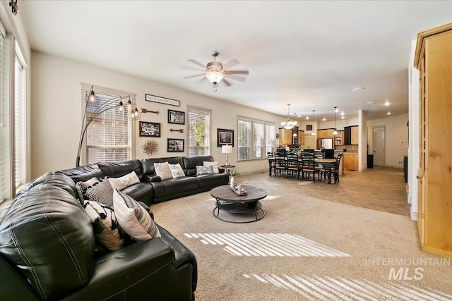 living area with light colored carpet, baseboards, ceiling fan, and recessed lighting