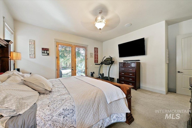 bedroom with french doors, baseboards, ceiling fan, access to outside, and light carpet