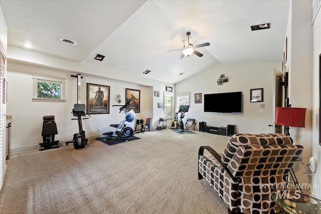 workout room featuring ceiling fan, lofted ceiling, carpet flooring, and visible vents