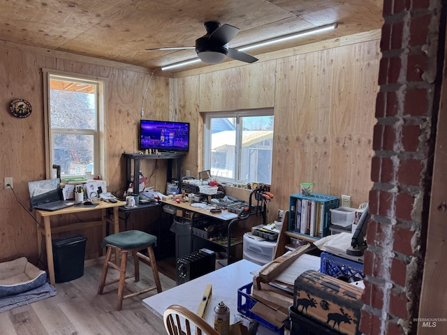 145 N Lincoln, Oakley, ID 83346 - office featuring a wealth of natural light, wood walls, ceiling fan, and wood finished floors