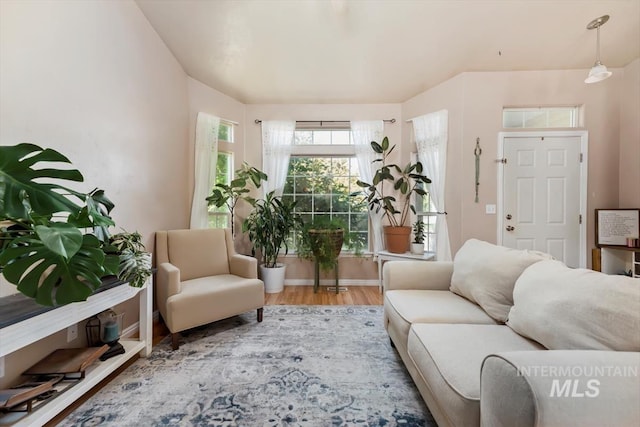 living room featuring wood finished floors and baseboards