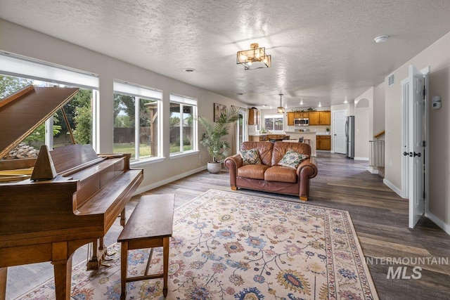 12339 W Foxhaven St, Star, ID 83669 - living area featuring a textured ceiling, dark wood-style flooring, and arched walkways