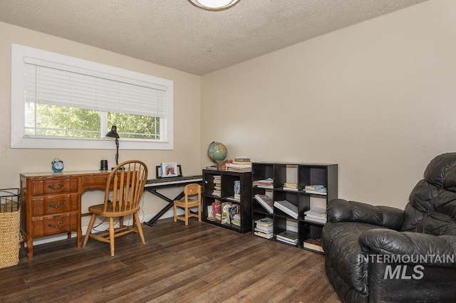 office featuring dark wood-style flooring and a textured ceiling