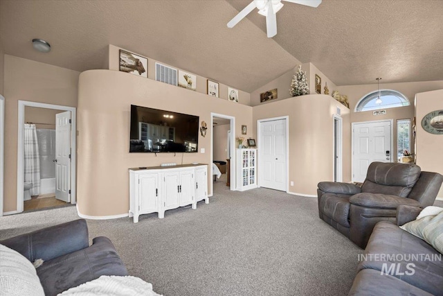 16702 Frisco Ave, Caldwell, ID 83607 - living room with a ceiling fan, a textured ceiling, carpet flooring, baseboards, and lofted ceiling