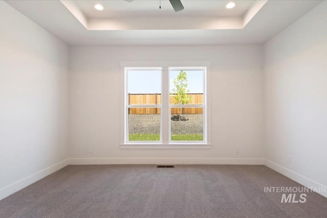 carpeted spare room featuring a tray ceiling and ceiling fan