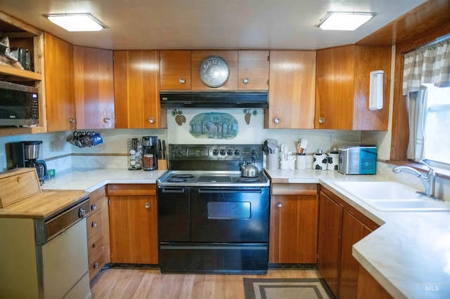 kitchen featuring black range with electric stovetop, sink, light wood-type flooring, and tasteful backsplash