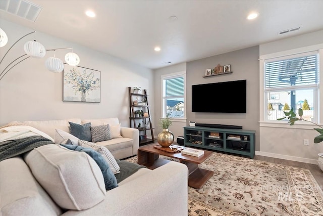 living room featuring a healthy amount of sunlight and hardwood / wood-style floors